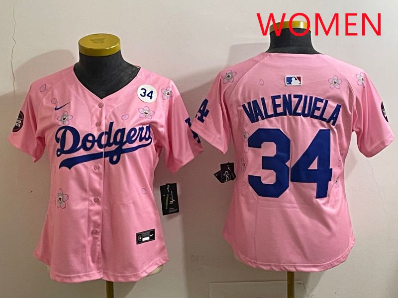Women Los Angeles Dodgers 34 Valenzuela Pink Sakura Edition 2025 Nike MLB Jersey style 39